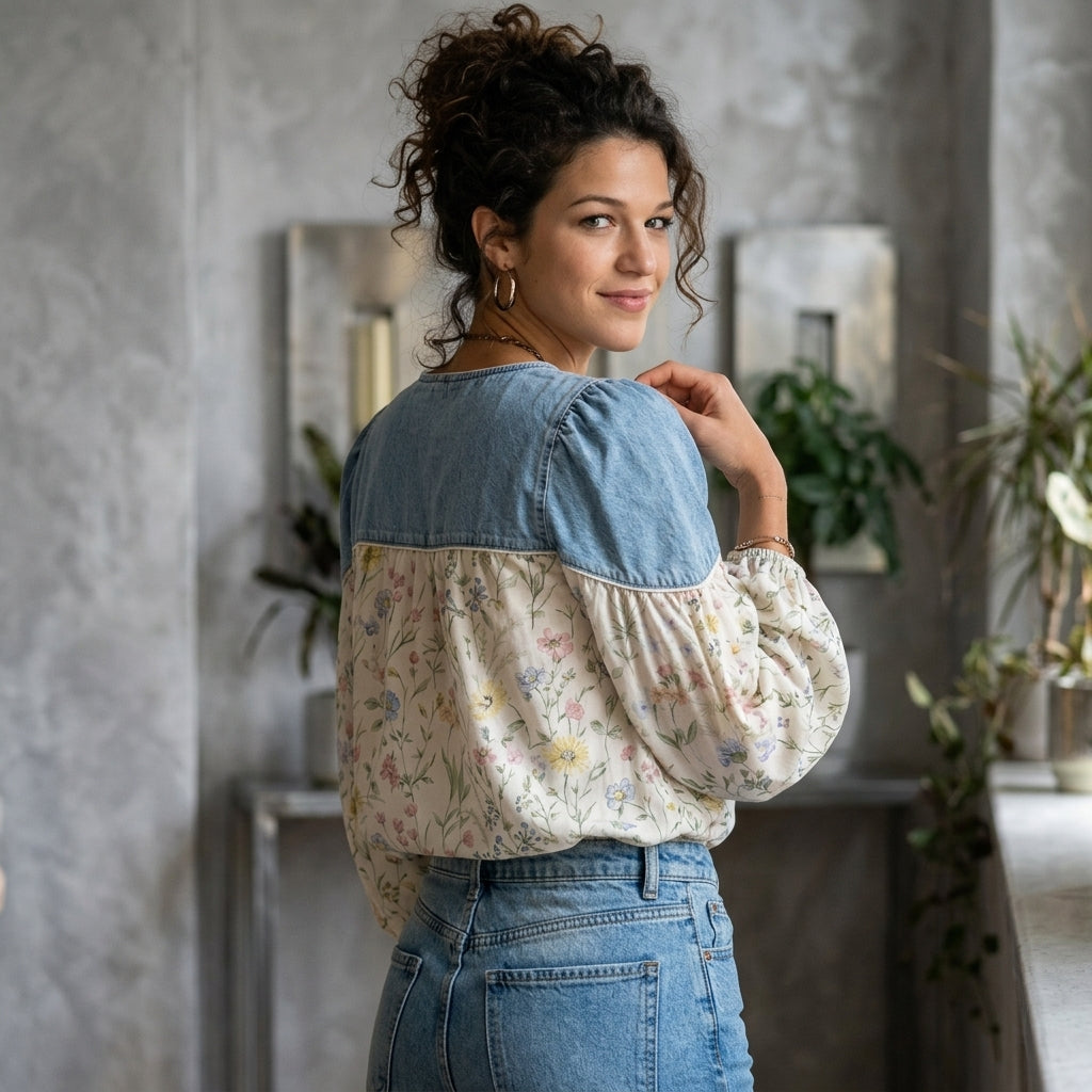Denim Patchwork Floral Denim Top