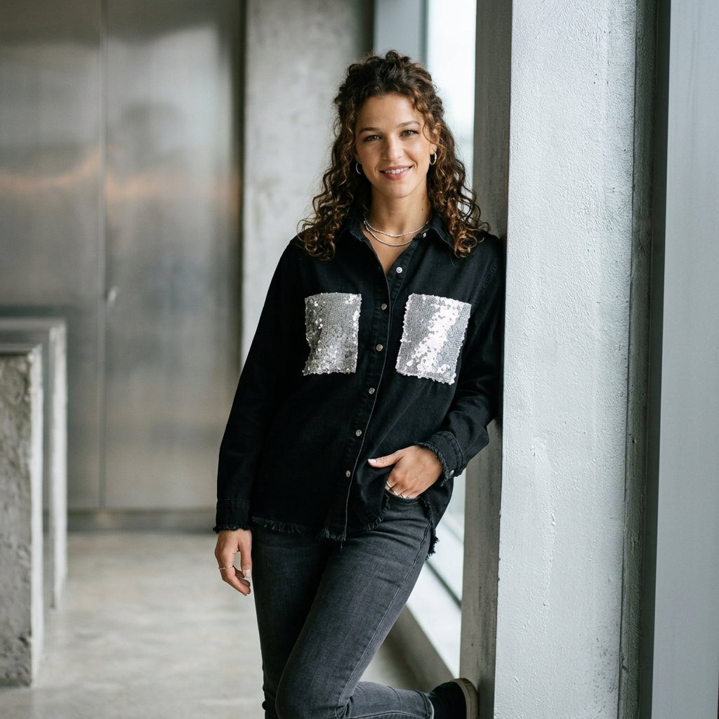 Raw Hem Button Up Long Sleeve Denim Jacket with Sequin Pockets