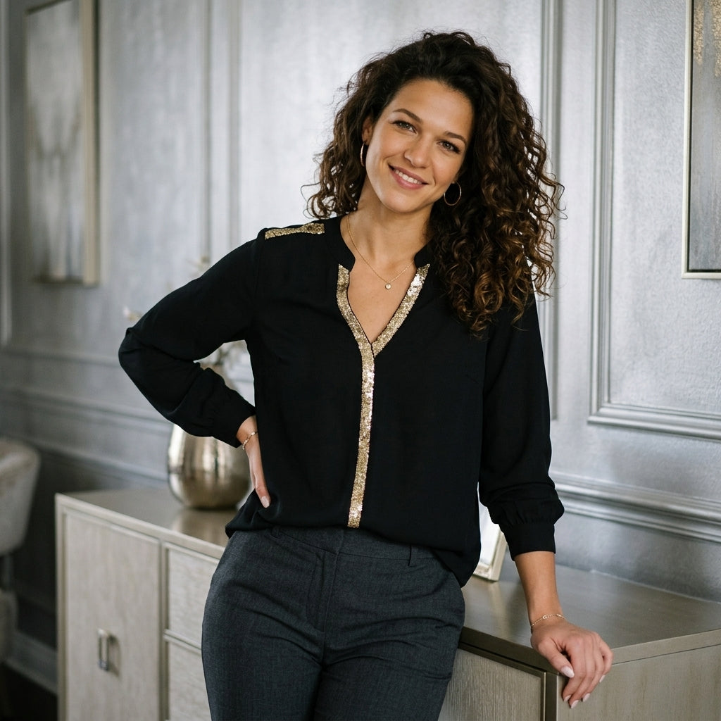 Sequin Trim Notched Blouse