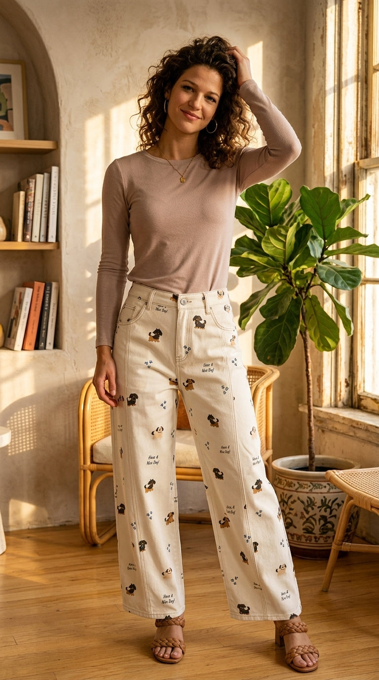 Abstract Dog Print Wide Leg Jeans