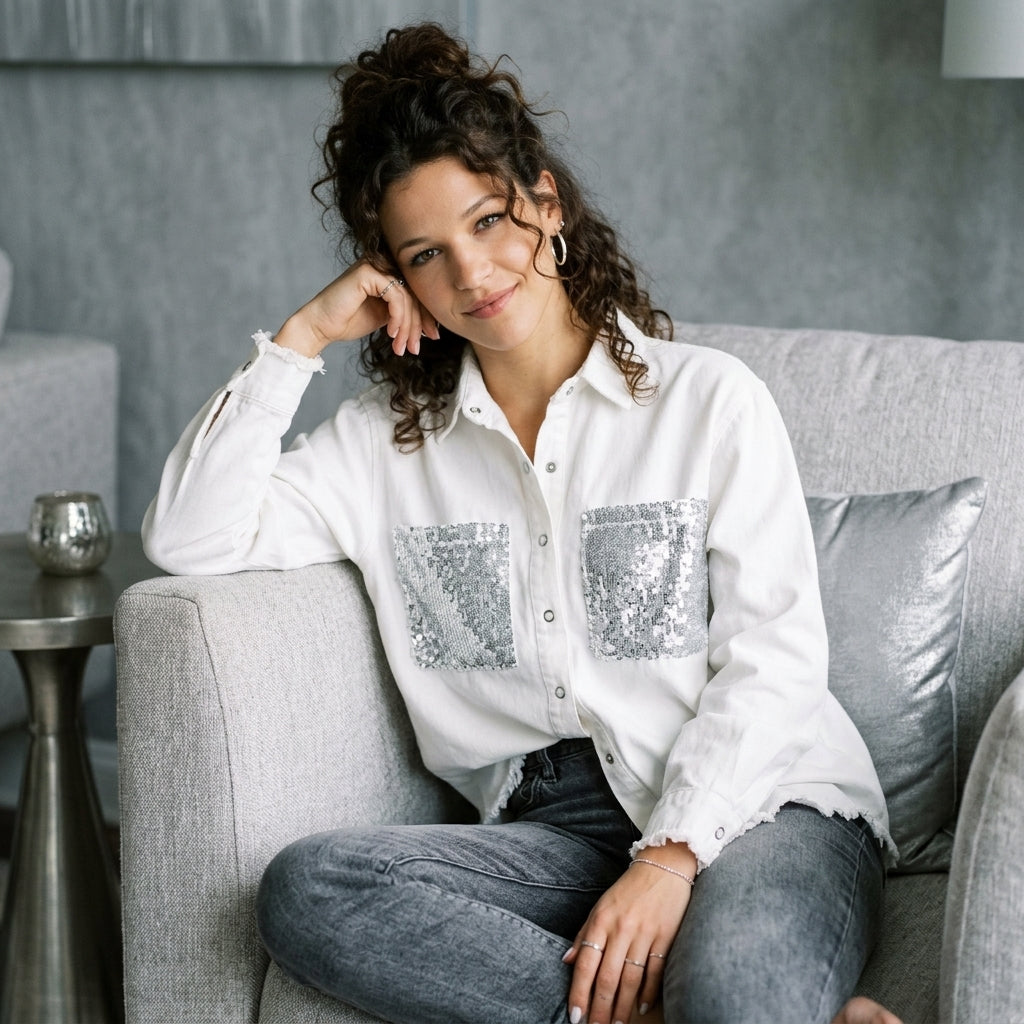 Raw Hem Button Up Long Sleeve Denim Jacket with Sequin Pockets