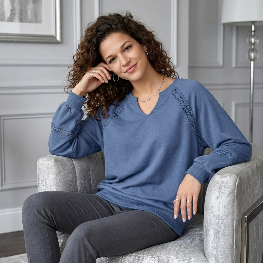 Lace-Trim Notched Sweatshirt