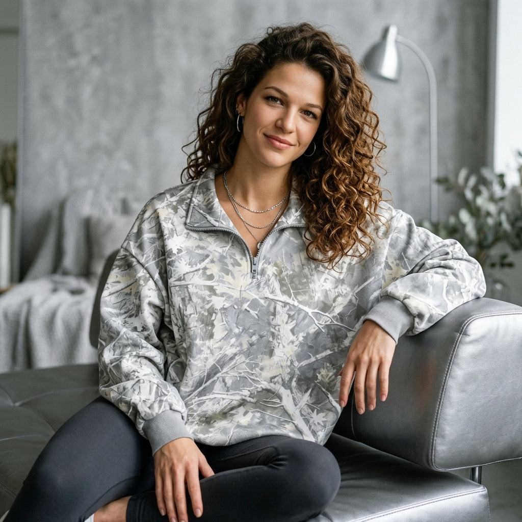 Quarter-Zip Printed Sweatshirt with Ribbed Cuffs