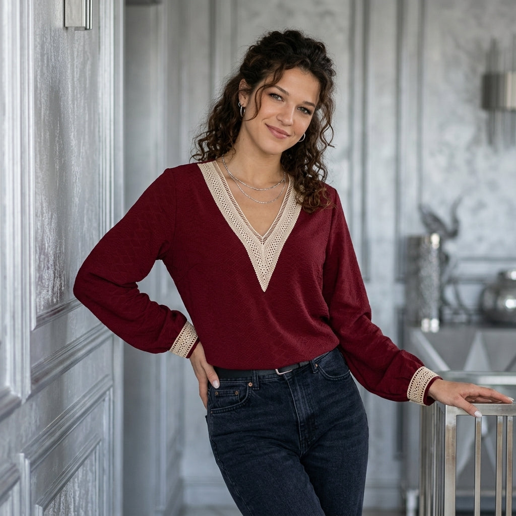 Openwork V-Neck Long-Sleeve Tee