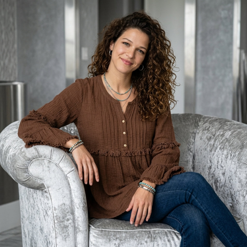 Fringe Trim Ruffle Sleeve Blouse