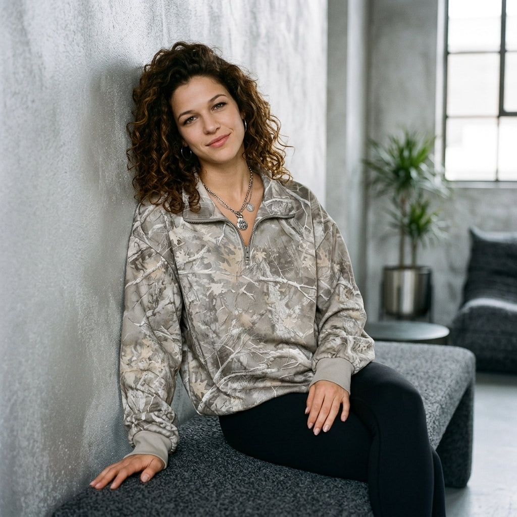 Quarter-Zip Printed Sweatshirt with Ribbed Cuffs