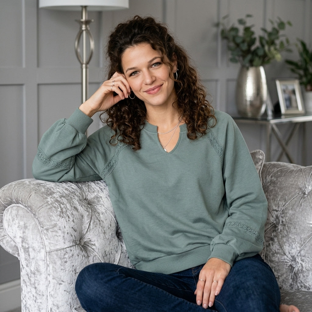 Lace-Trim Notched Sweatshirt