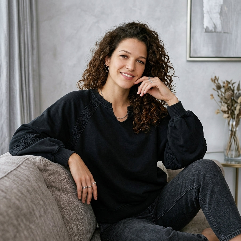 Lace-Trim Notched Sweatshirt