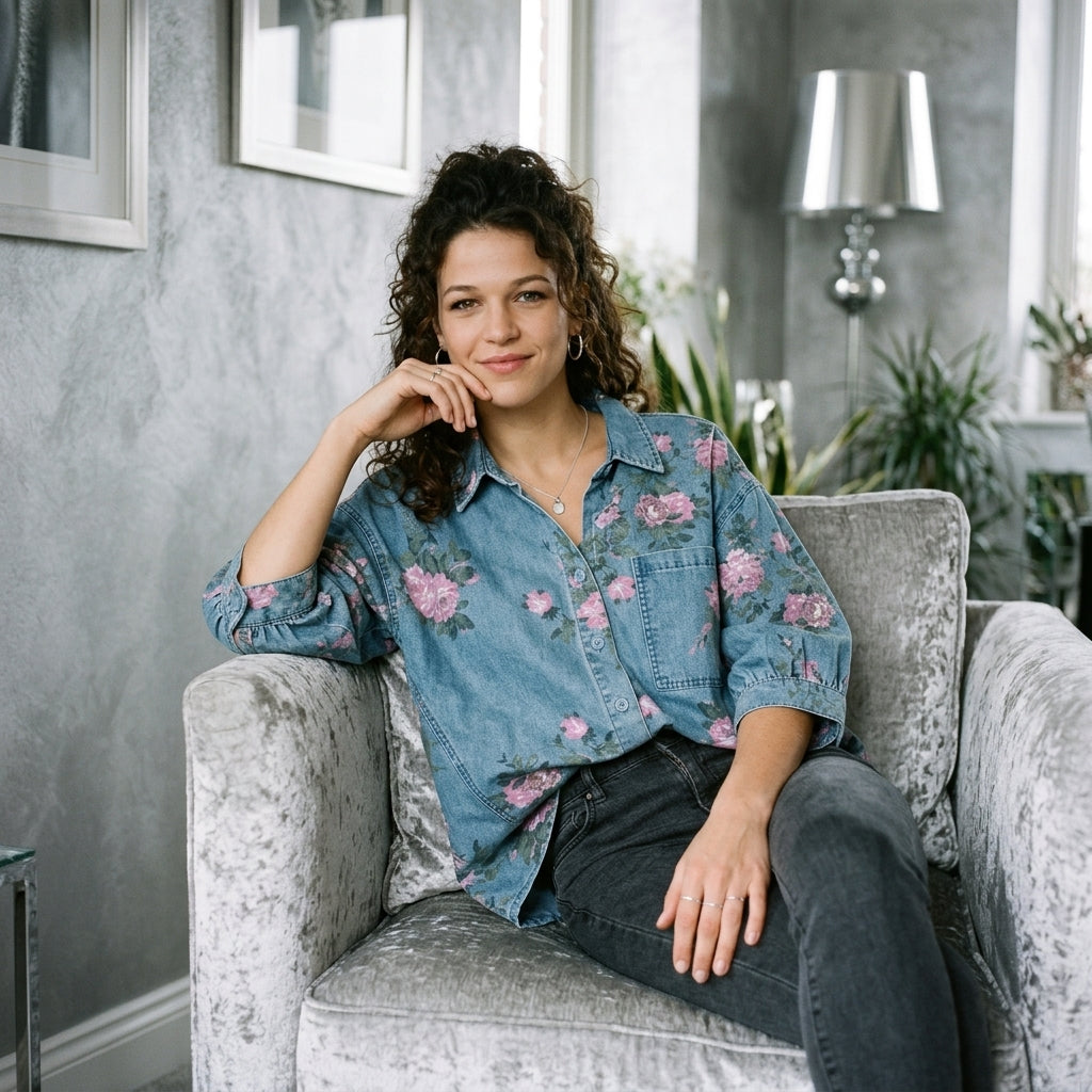 Floral Print Button Up Denim Shirt