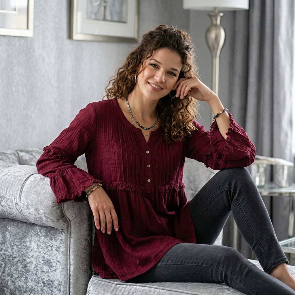 Fringe Trim Ruffle Sleeve Blouse