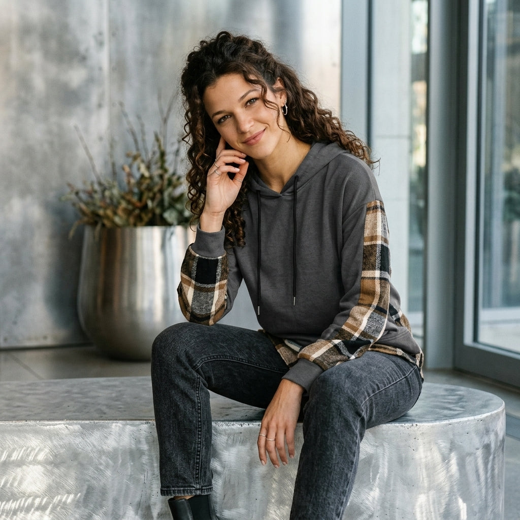 Plaid Hooded Velvet Sweatshirt