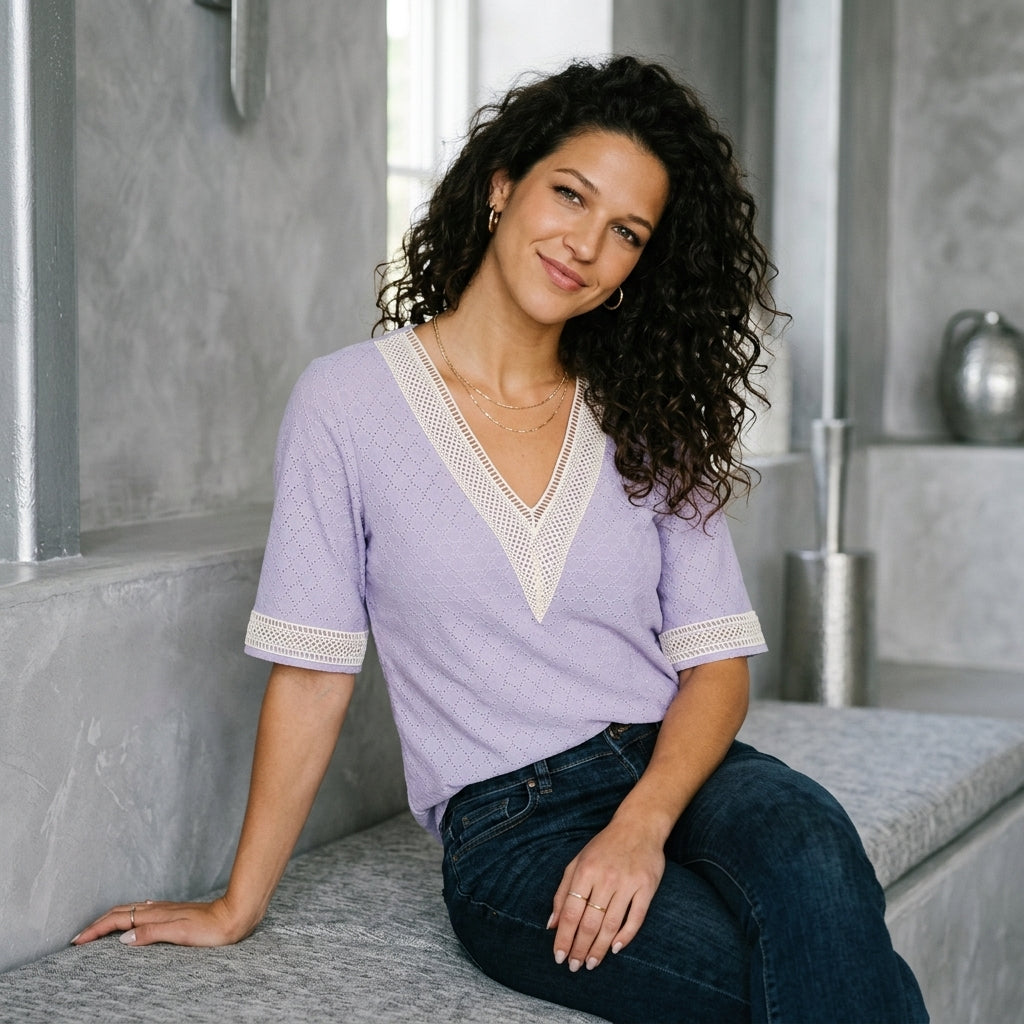 Openwork V-Neck Half-Sleeve Tee