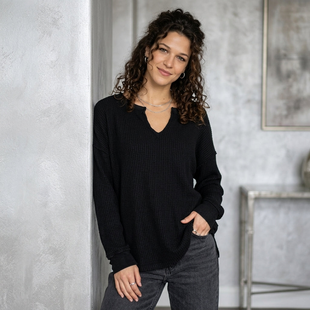 Waffle-Knit Notched Long-Sleeve Tee