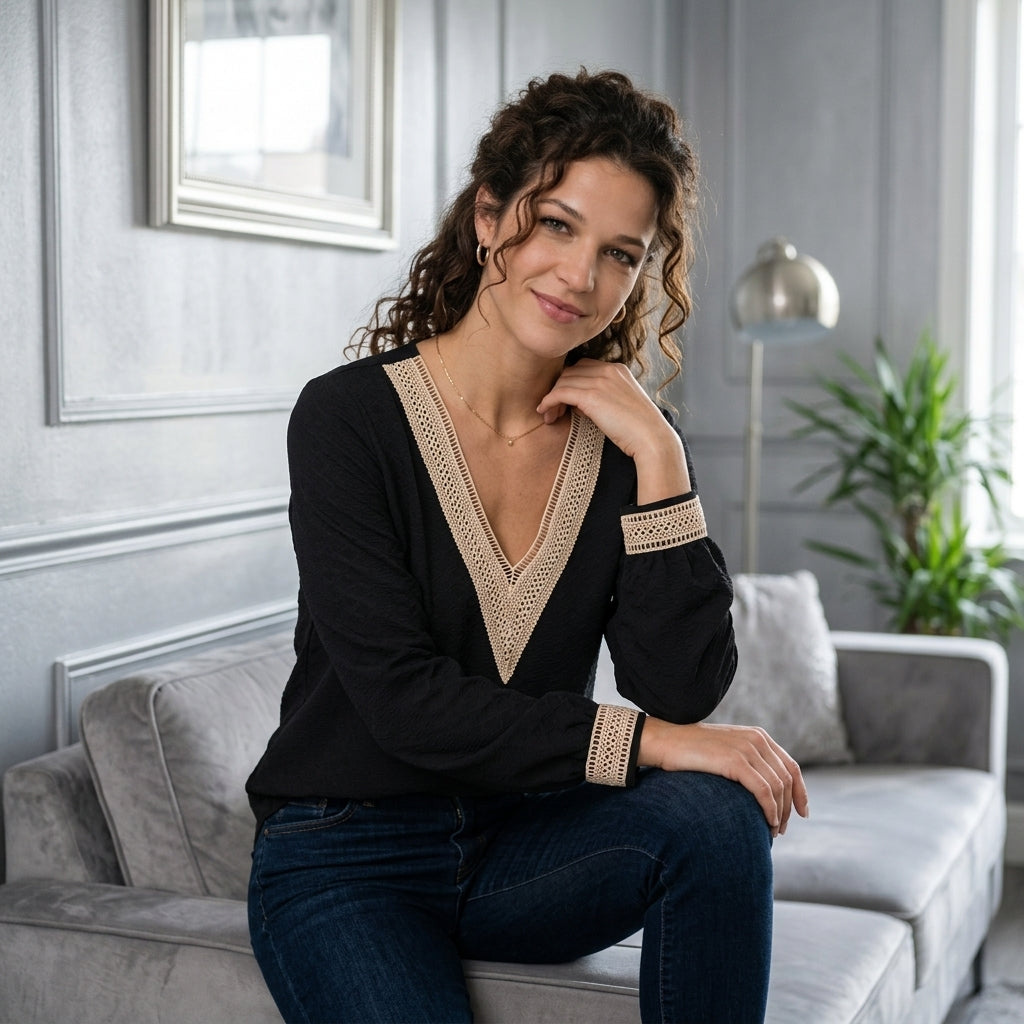 Openwork V-Neck Long-Sleeve Tee