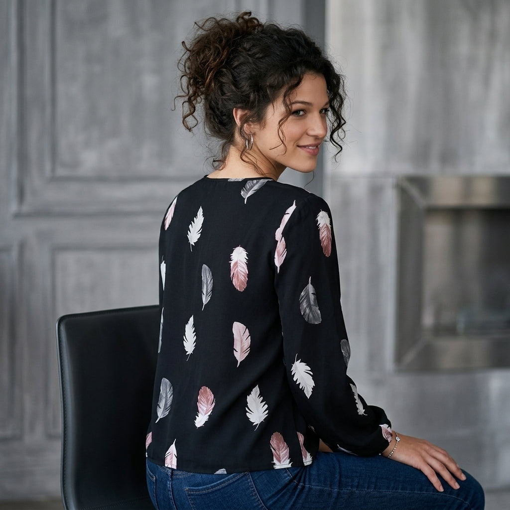 Feather Print Balloon-Sleeve Top