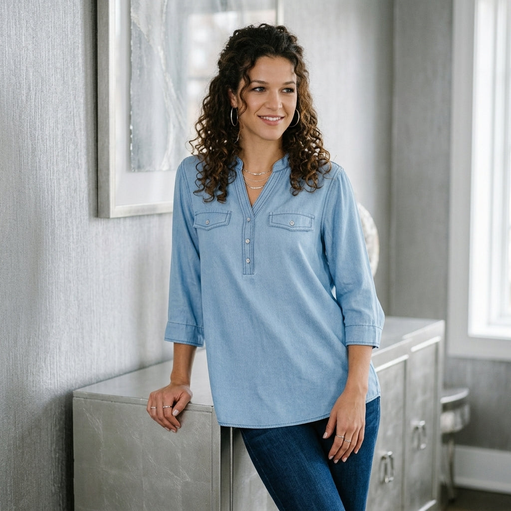 Notched Denim Top