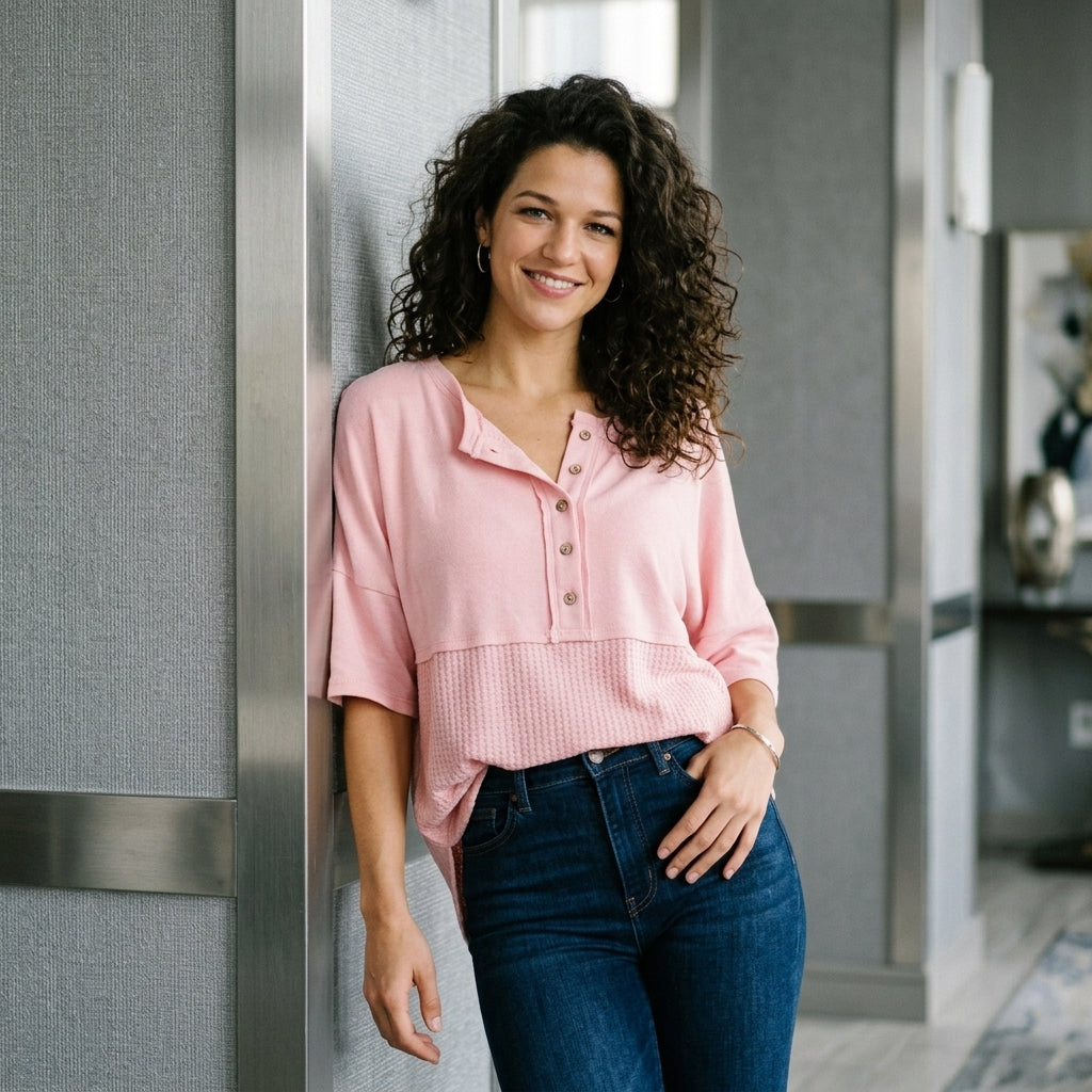 Waffle Knit Button Top