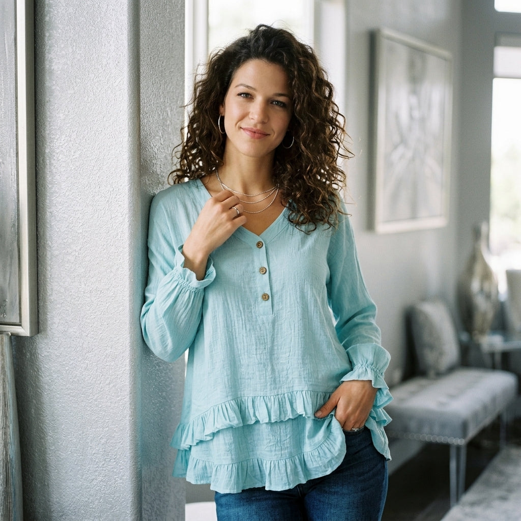 V-Neck Long Sleeve Button Detail Ruffled Hem Blouse