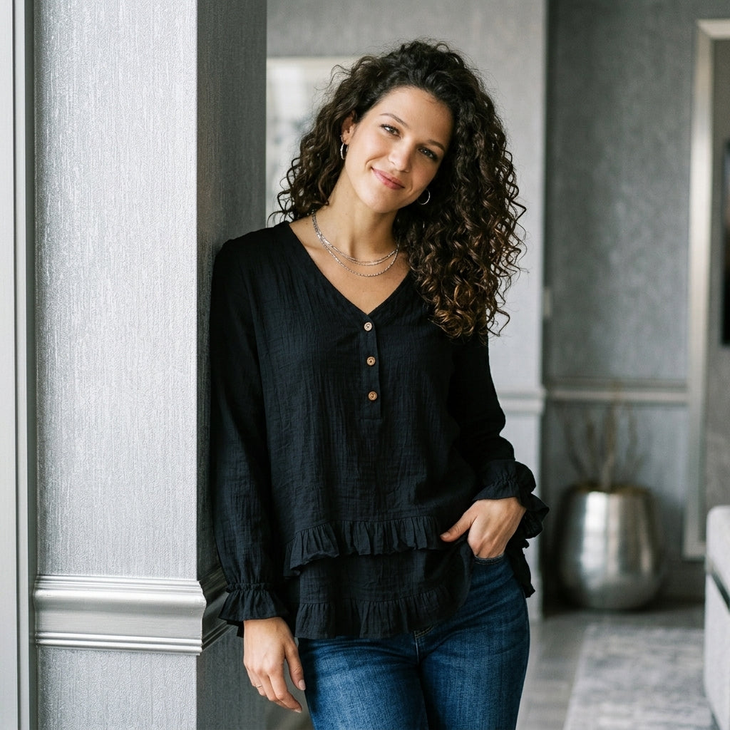 V-Neck Long Sleeve Button Detail Ruffled Hem Blouse