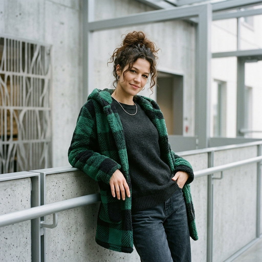 Hooded Plaid Plush Coat