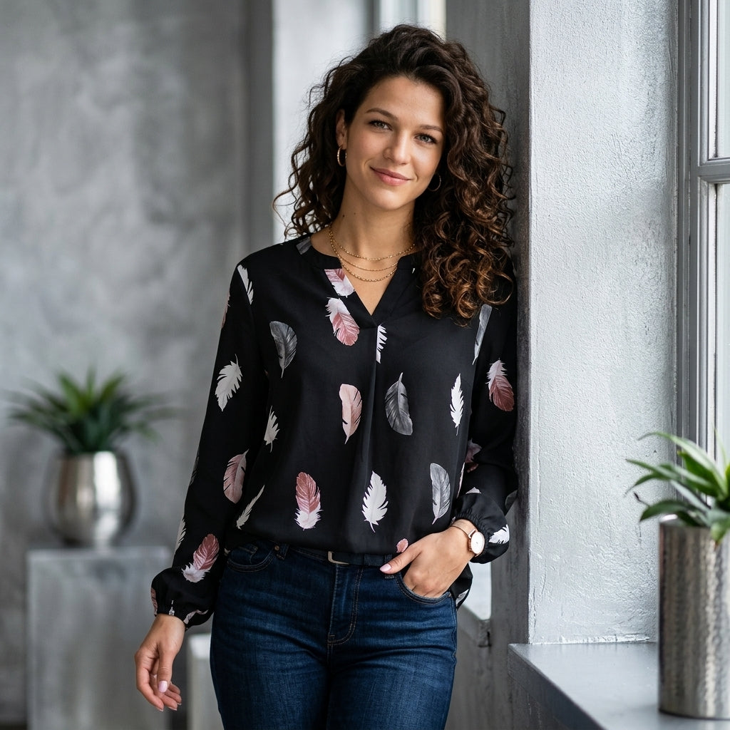 Feather Print Balloon-Sleeve Top