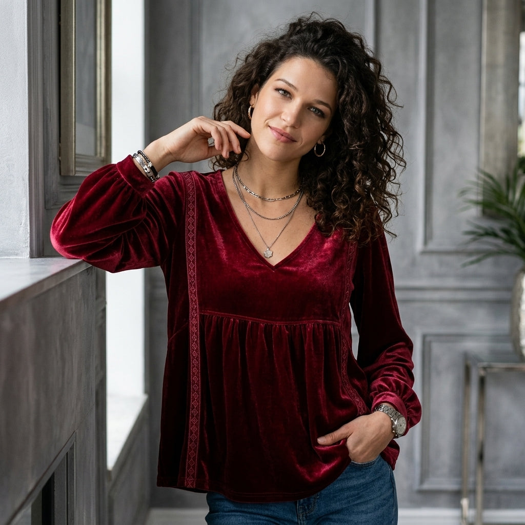 Velvet Lace Detail V-Neck Blouse