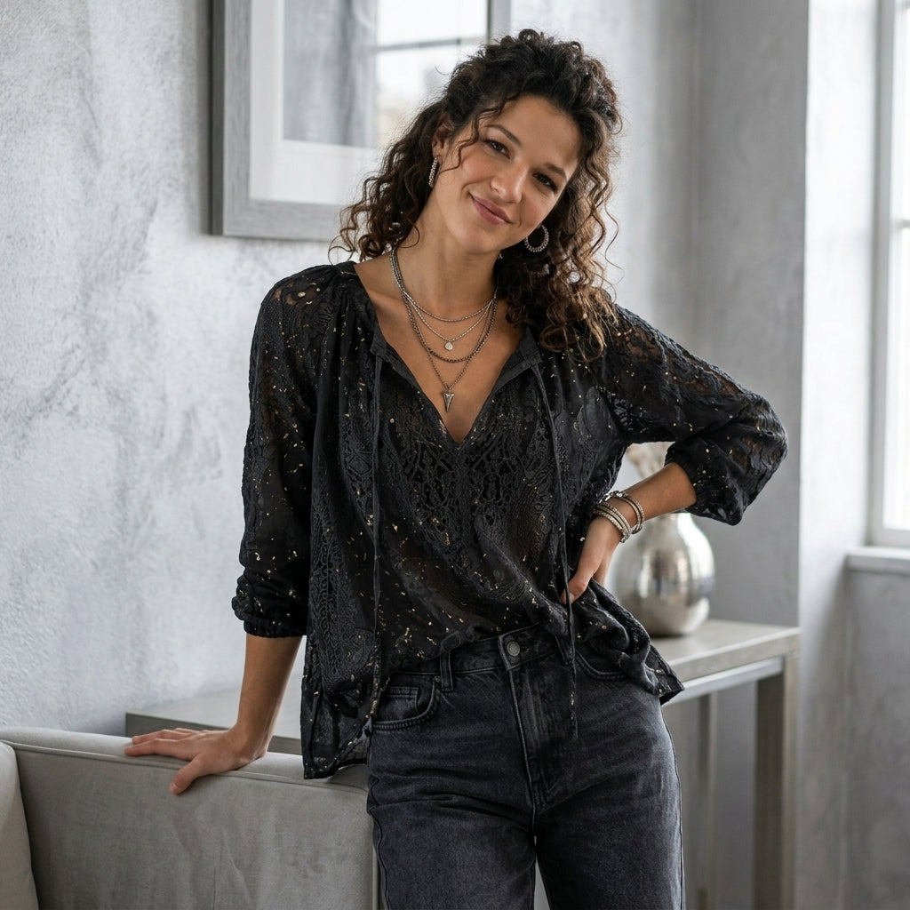 Lace Tie-Neck Blouse