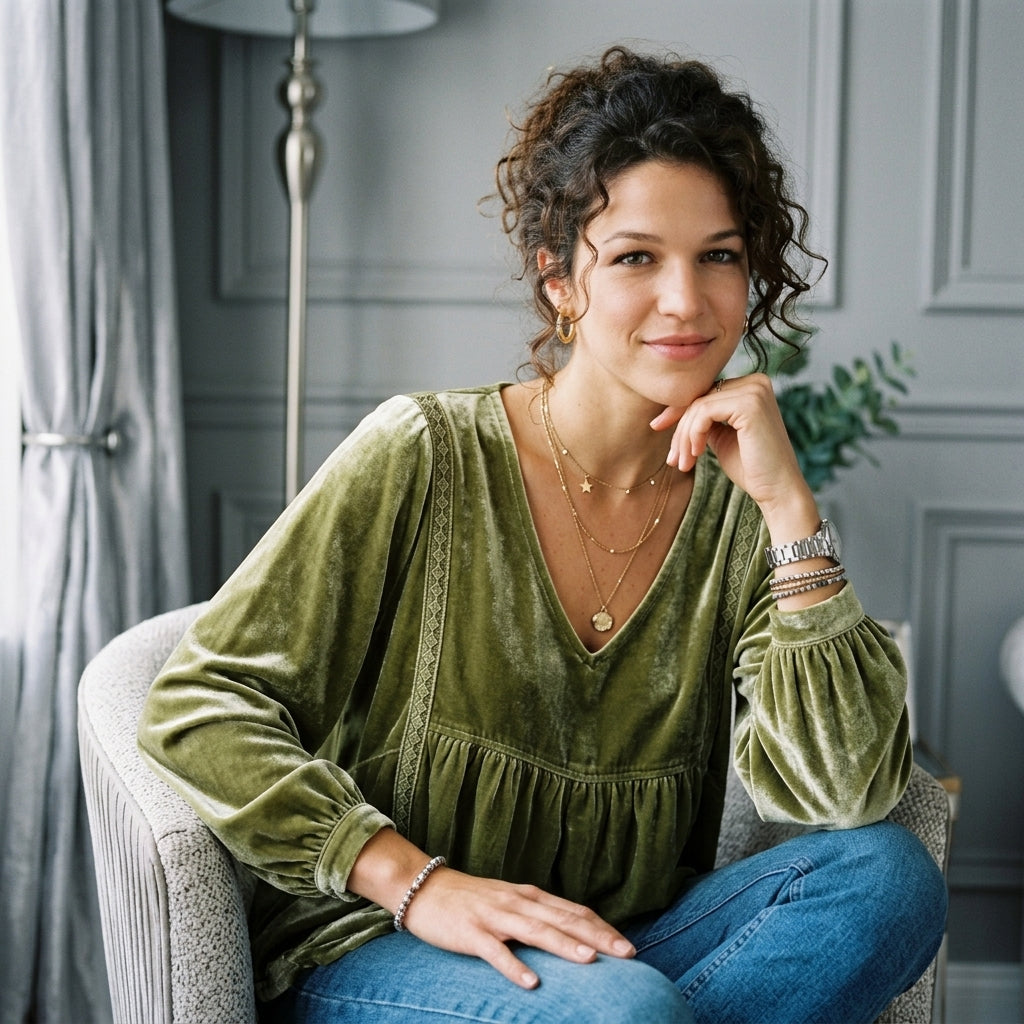 Velvet Lace Detail V-Neck Blouse