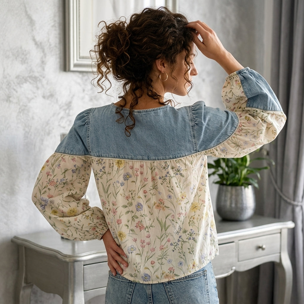 Denim Patchwork Floral Denim Top