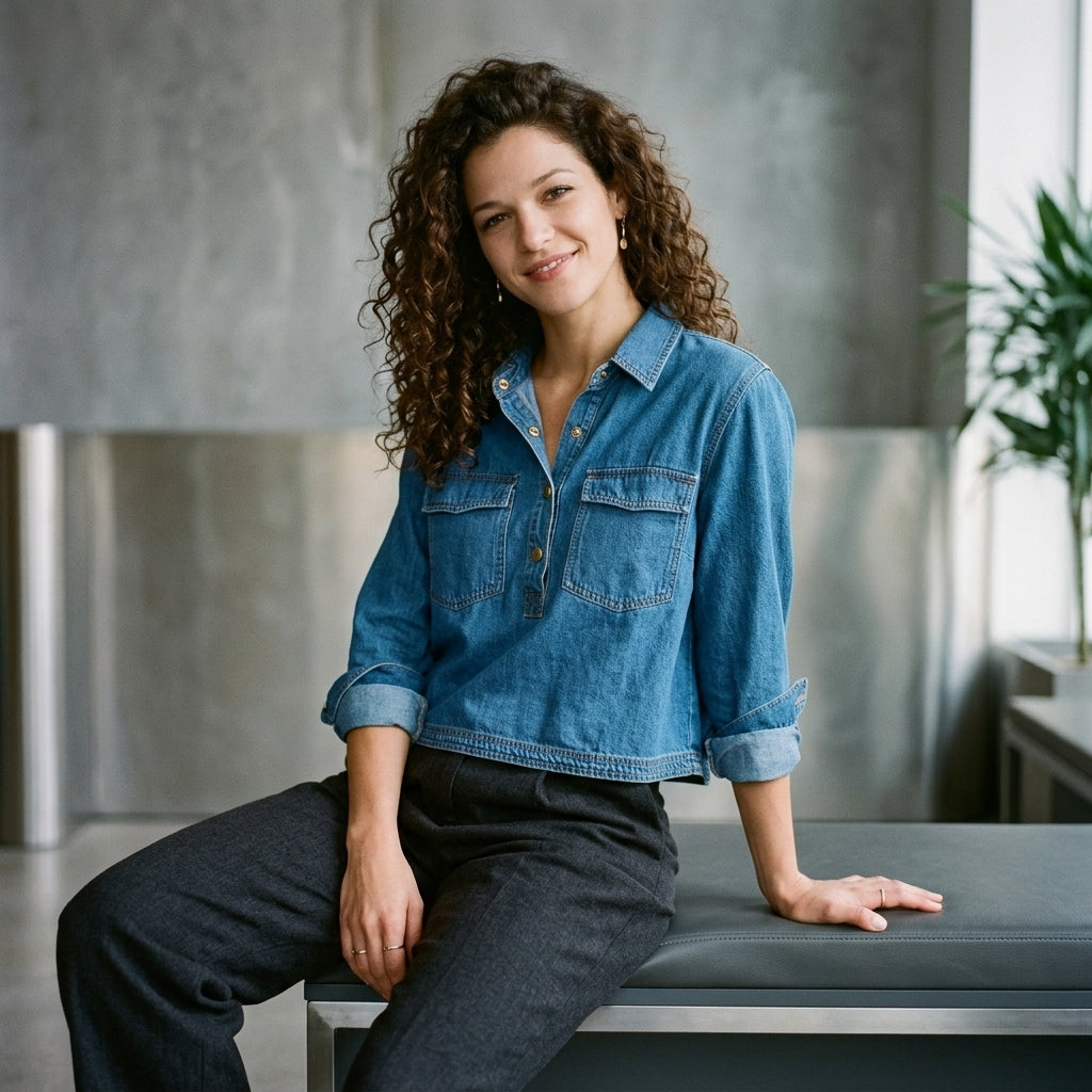 Half Snap Cropped Denim Top