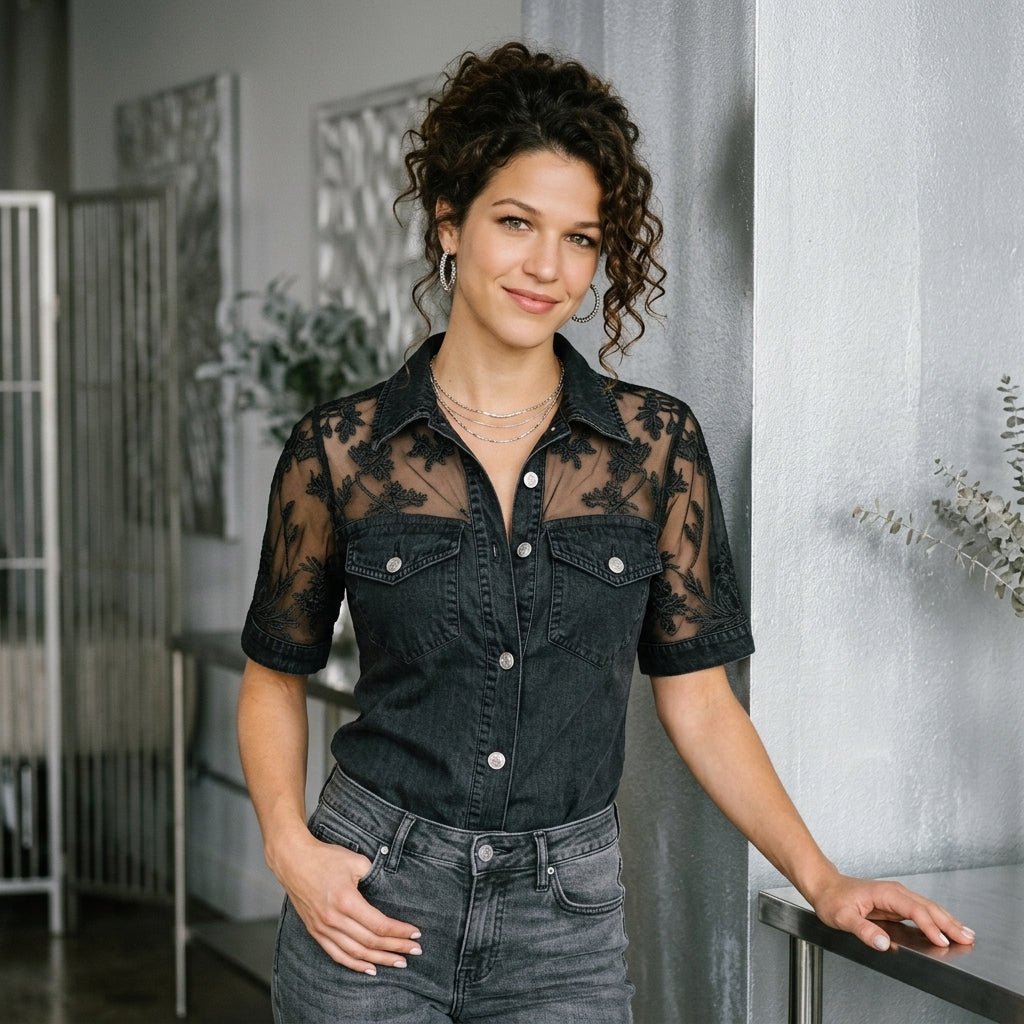 Denim Look Lace Short Sleeve Shirt