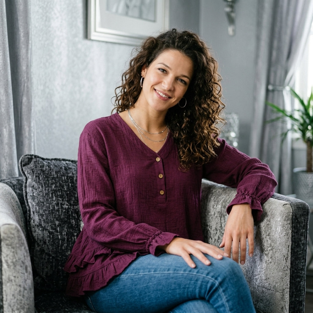 V-Neck Long Sleeve Button Detail Ruffled Hem Blouse