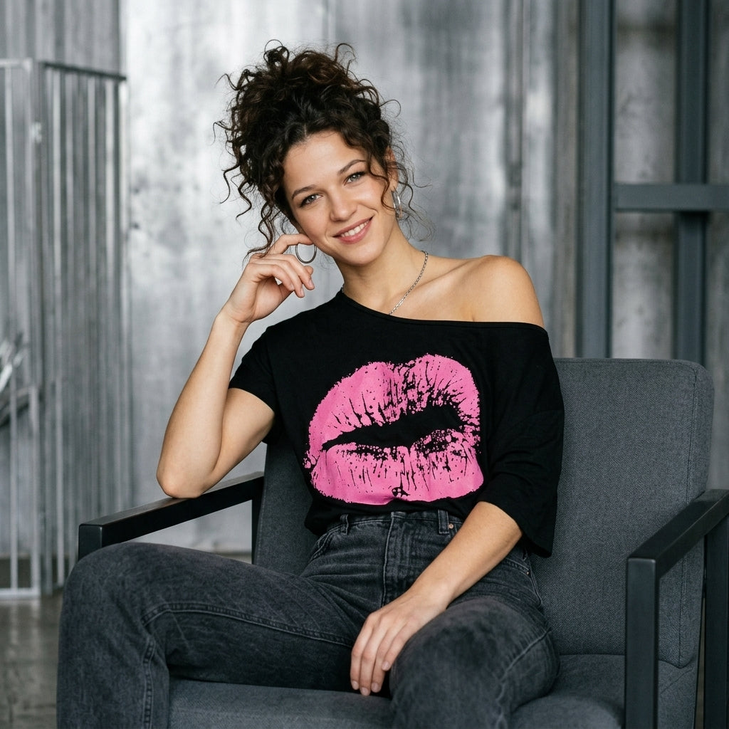 '80s Neon Lip Off-Shoulder Tee