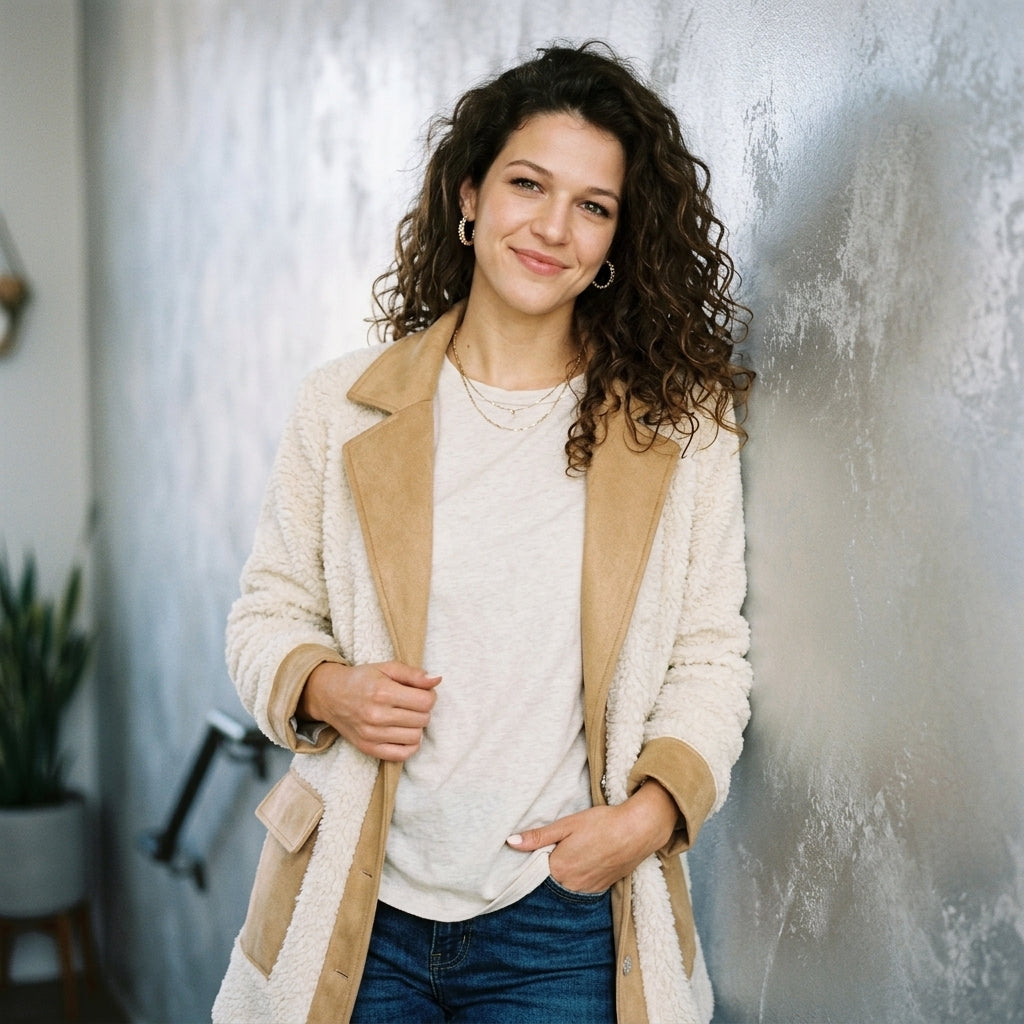 Lapel Lamb Wool Patchwork Faux Denim Cardigan