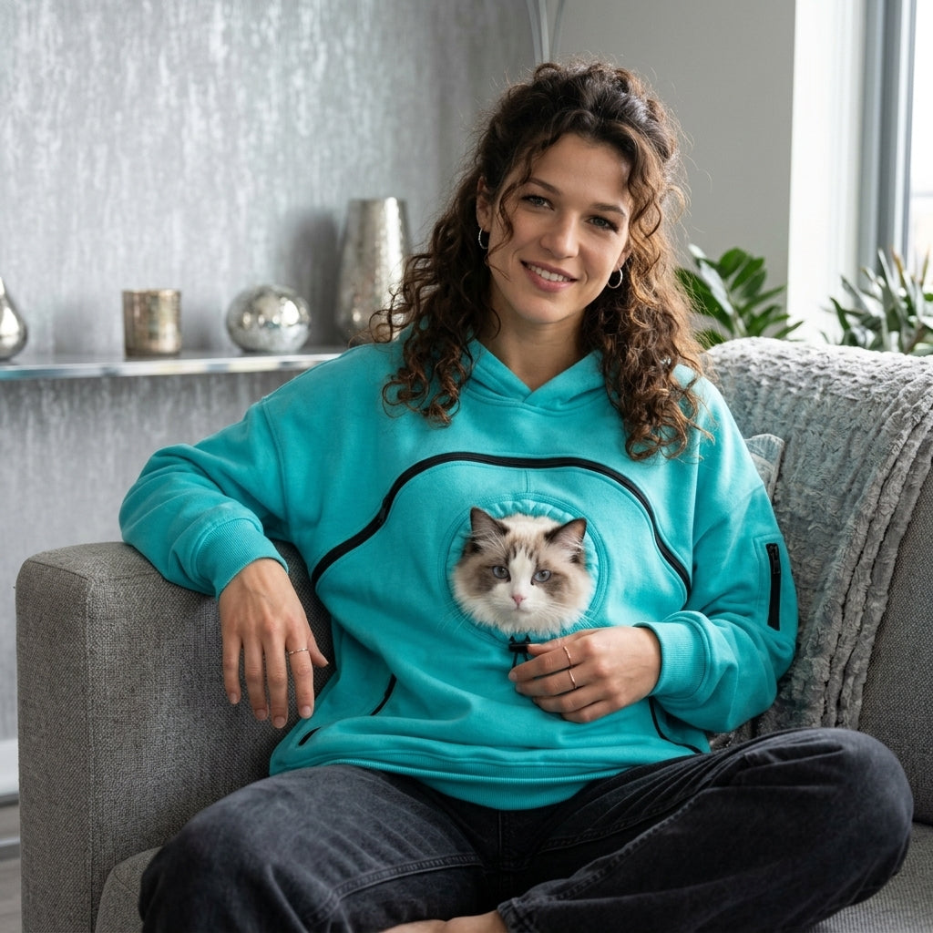 Hooded Casual Sweatshirt With Cat Pocket