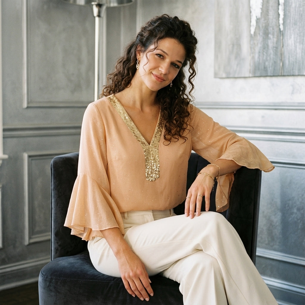 Sequin V-Neck Flounce Sleeve Blouse