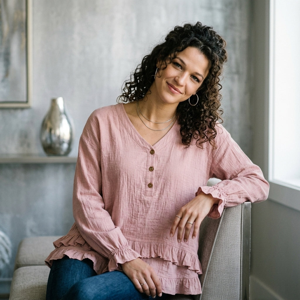 V-Neck Long Sleeve Button Detail Ruffled Hem Blouse