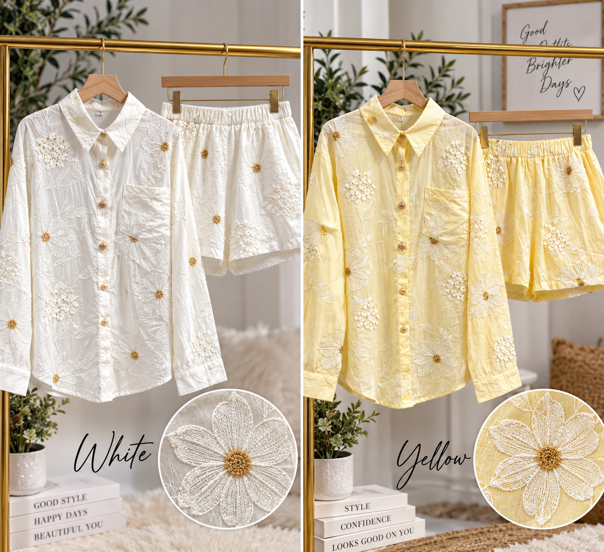 Floral Embroidered Chiffon Shirt and Shorts Set