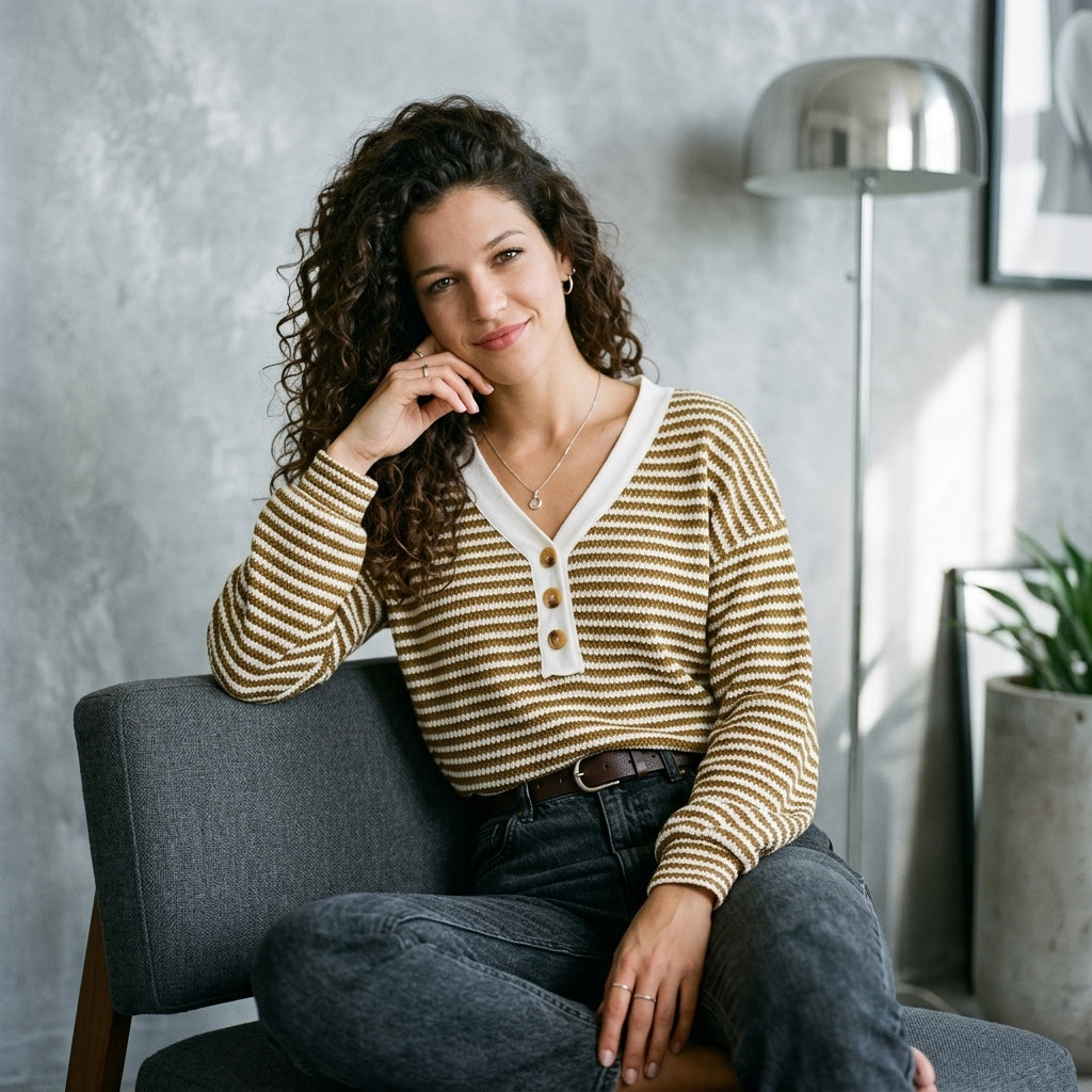 Striped Button-Front V-Neck Top