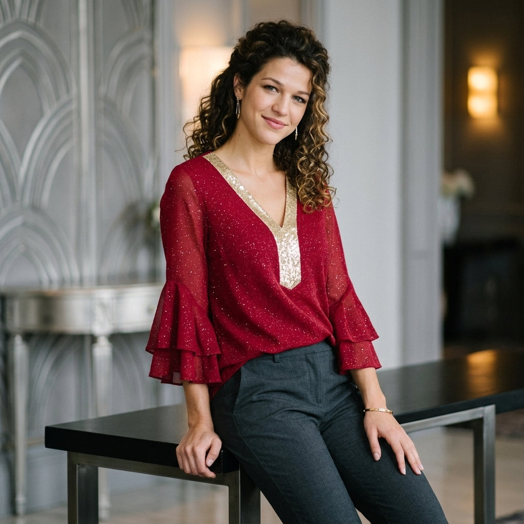 Sequin V-Neck Flounce Sleeve Blouse