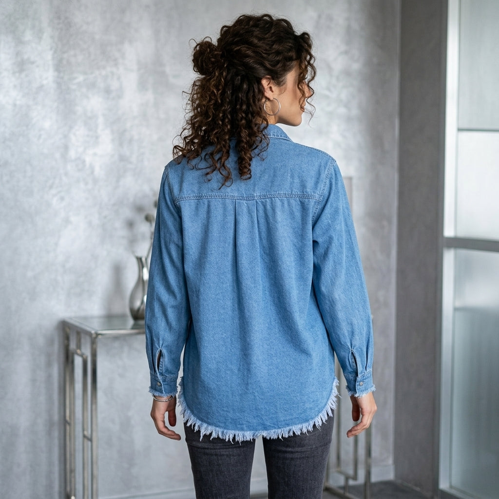 Raw Hem Button Up Long Sleeve Denim Jacket with Sequin Pockets