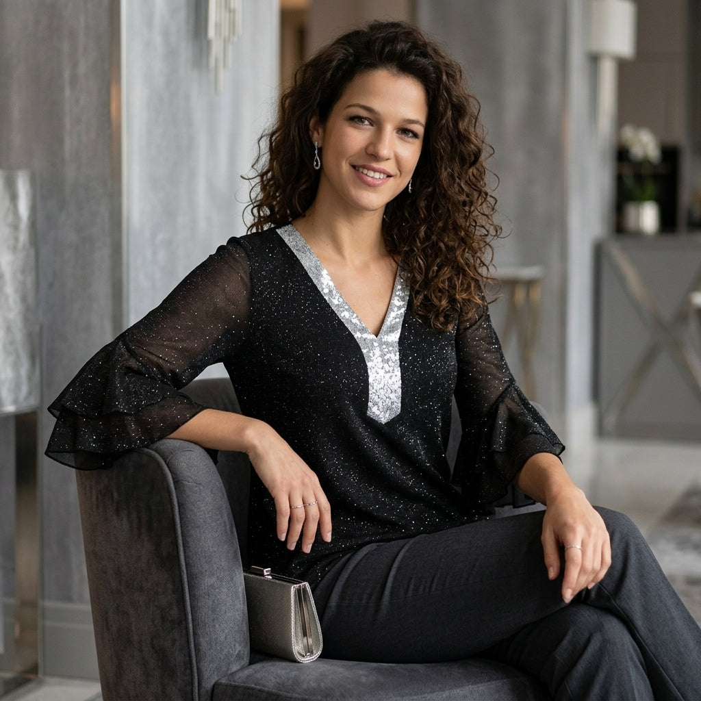 Sequin V-Neck Flounce Sleeve Blouse