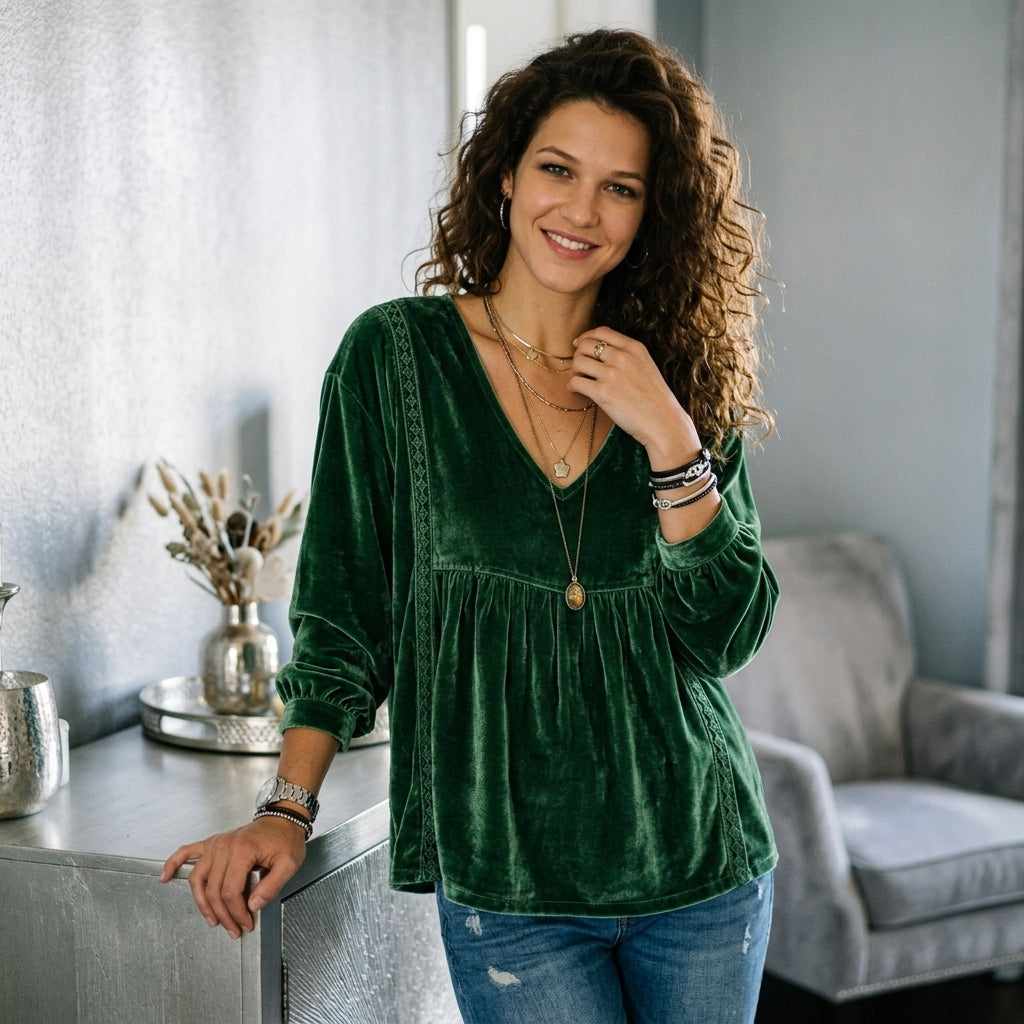 Velvet Lace Detail V-Neck Blouse