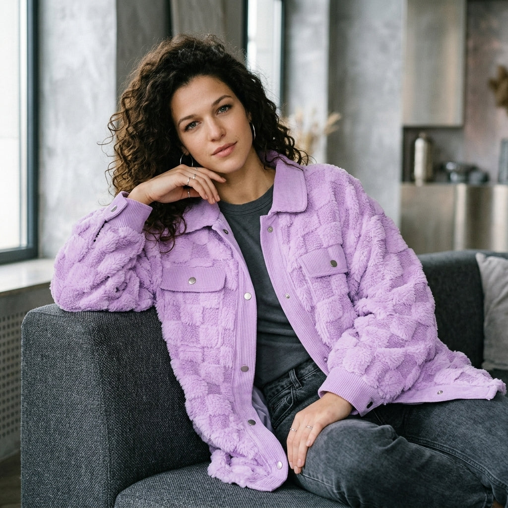 Double Take Button Up Fuzzy Checkered Shacket