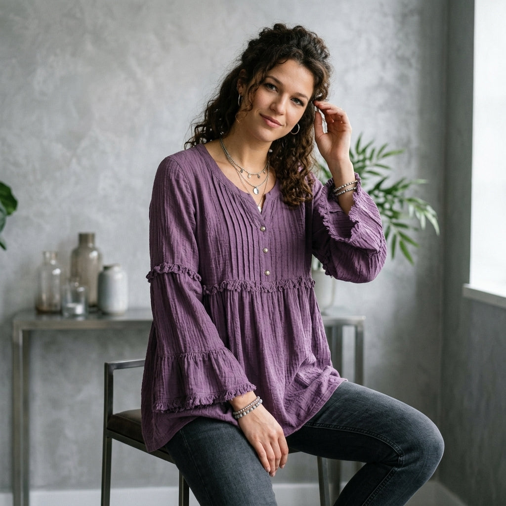 Fringe Trim Ruffle Sleeve Blouse