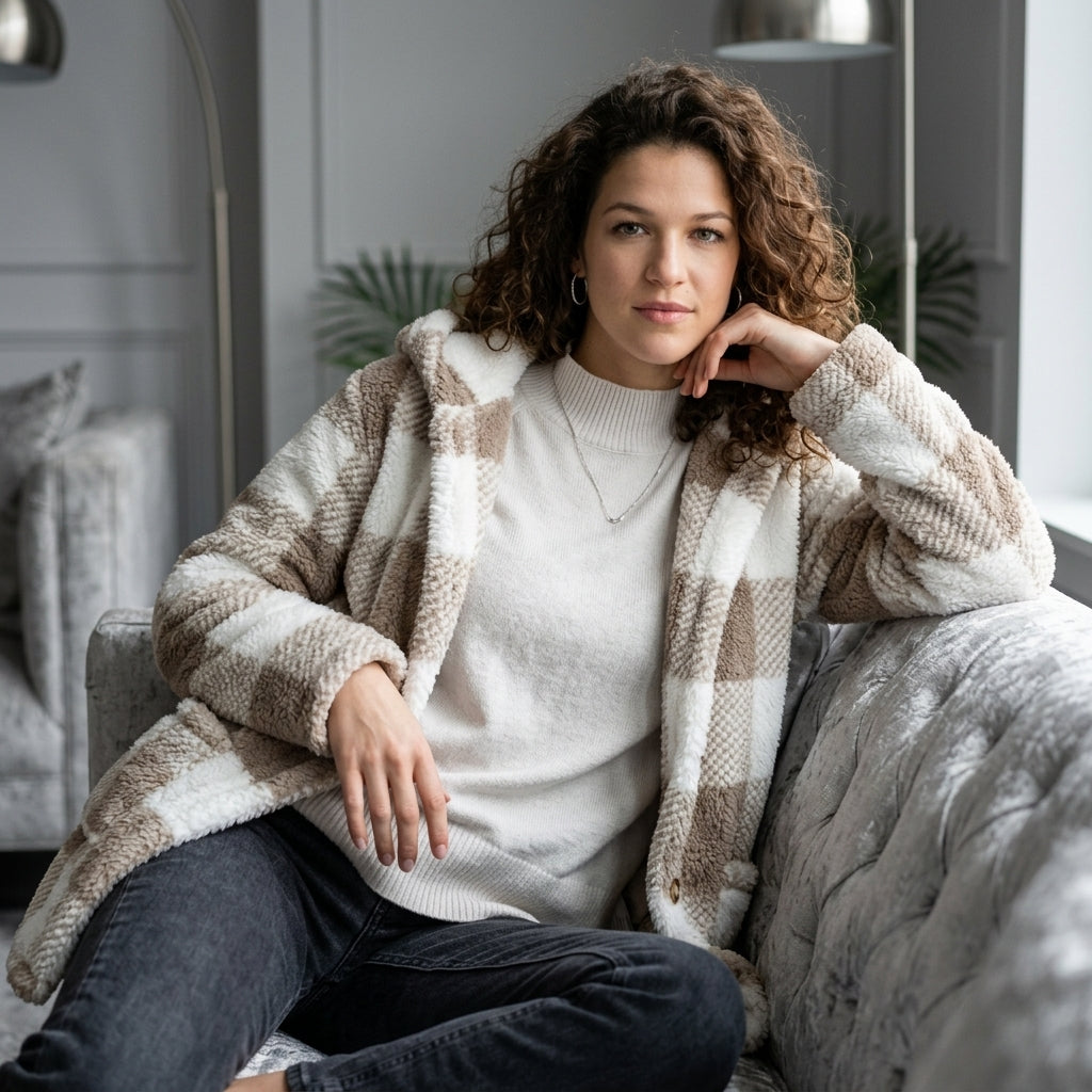 Hooded Plaid Plush Coat