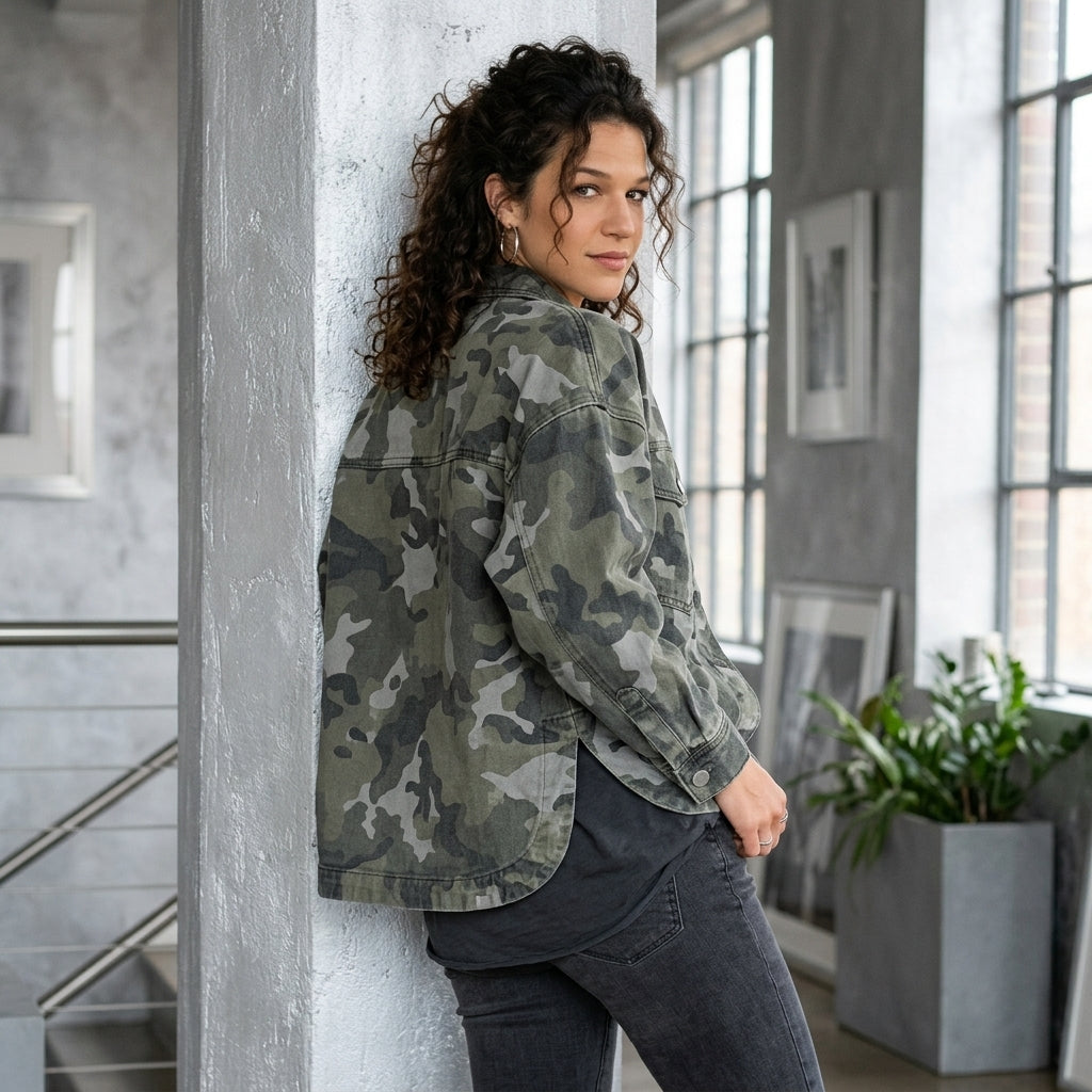 Camouflage Print Button Up Denim Jacket