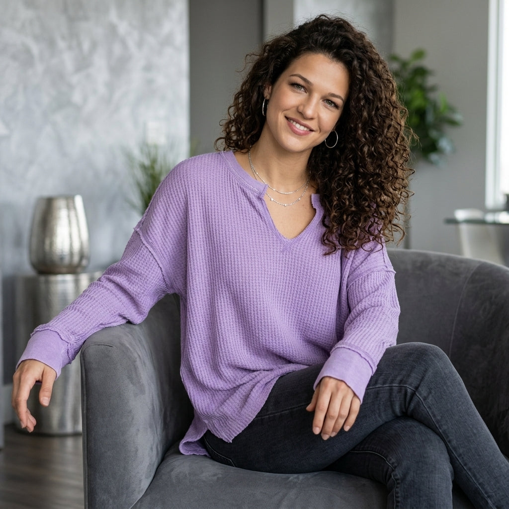Waffle-Knit Notched Long-Sleeve Tee