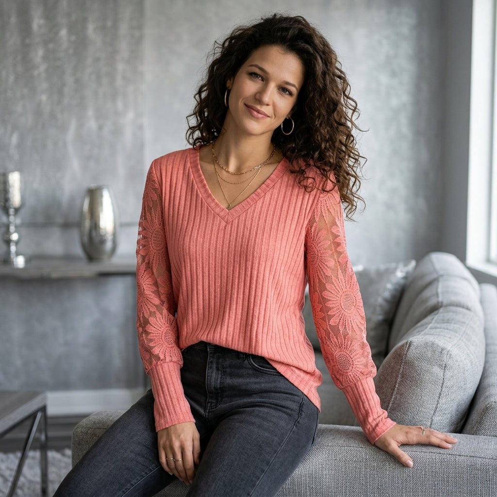 Lace-Panel Knit Top