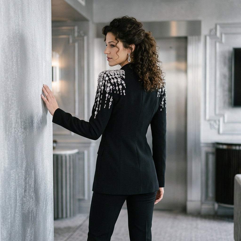Rhinestone Shoulder Double-Breasted Blazer